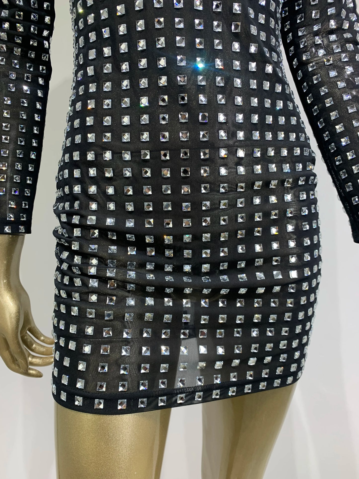 Women Thin Mesh Studded Bodycon Mini Dress High Stretchable Long Sleeve Turtleneck Evening Club Party Guest Look Dresses