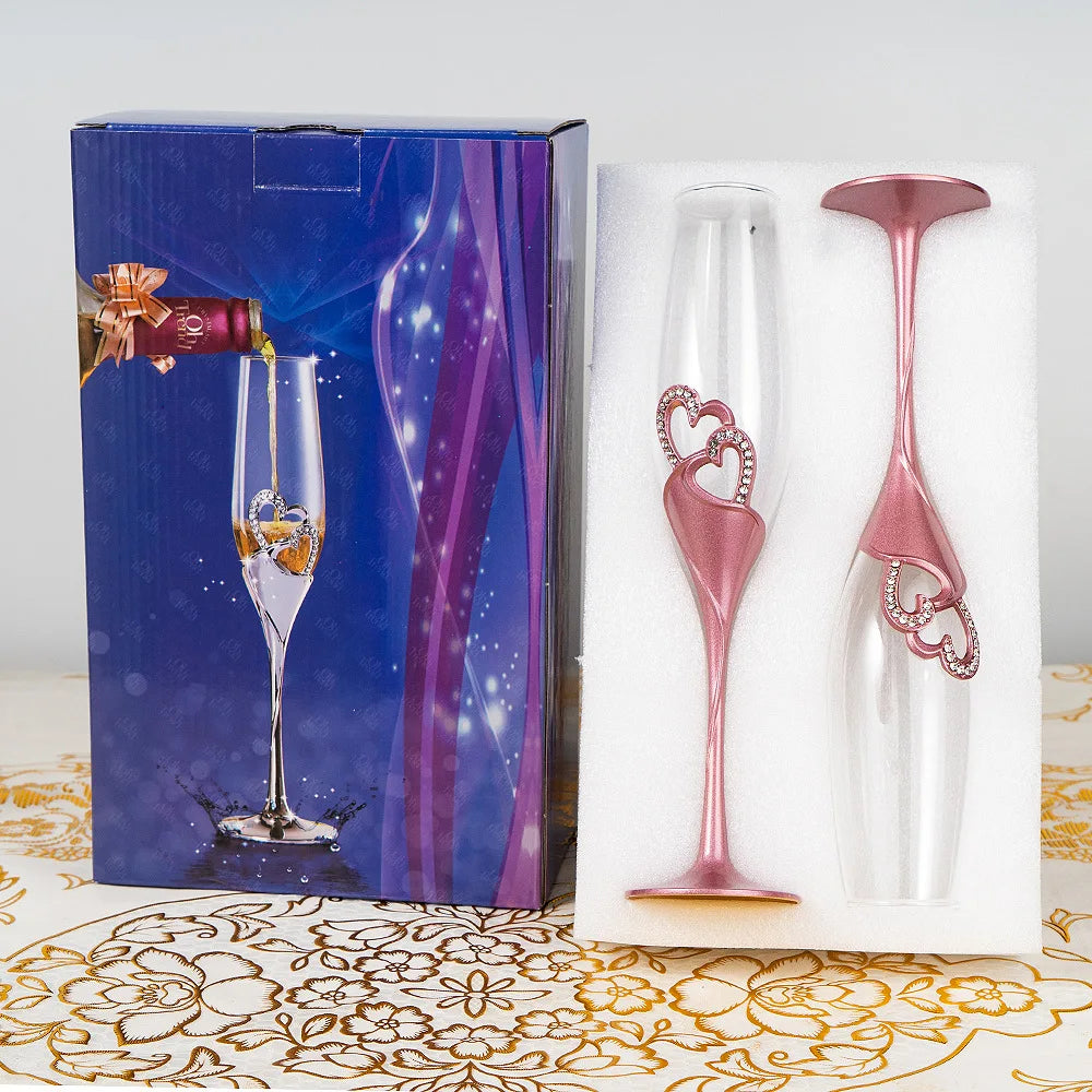2PCs Crystal Goblet Wedding Wholesale Couple Cups Goblet Sparkling Wine Glass Simple Heart-Shaped Champagne Glass