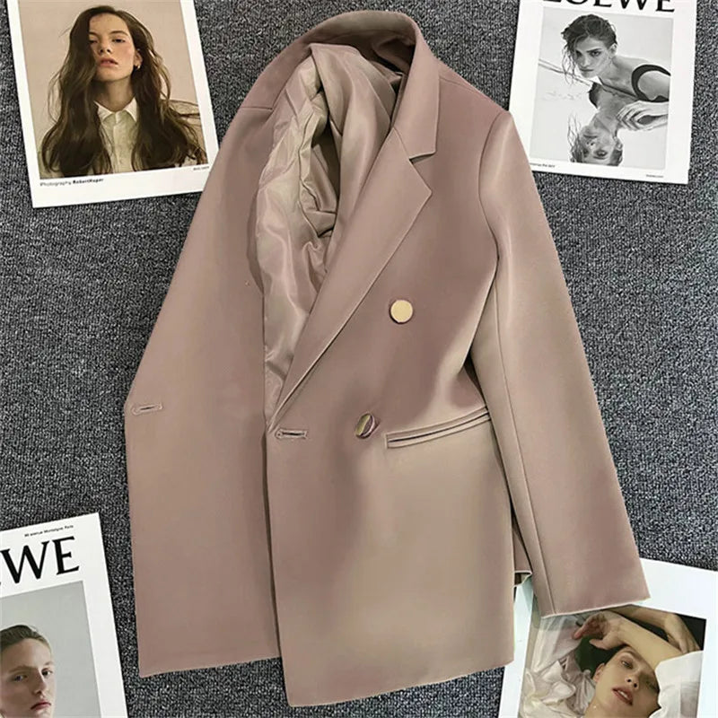 Chic Blazer Woman Autumn Spring Long Sleeve Double Breatsed Lapel Loose Coat Slim Casual Jackets Office Ladies Vintage Blazers