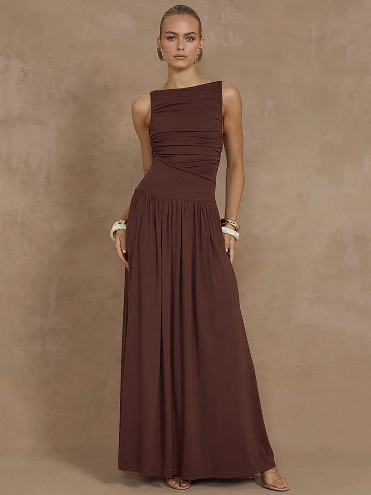 Mozision Elegant Sleeveless Maxi Dress For Women Fashion Solid Boat Neck Tank Dresses Ladies Sexy Ruched Long Dress New Gown