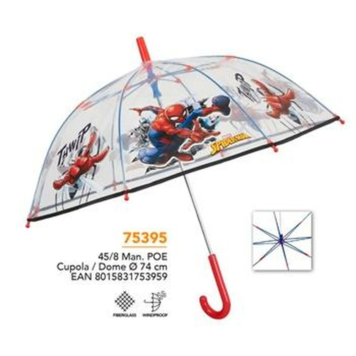 Spider-Man Umbrella Spider-Man Perletti Transparent Fibreglass 74 Cm Children's