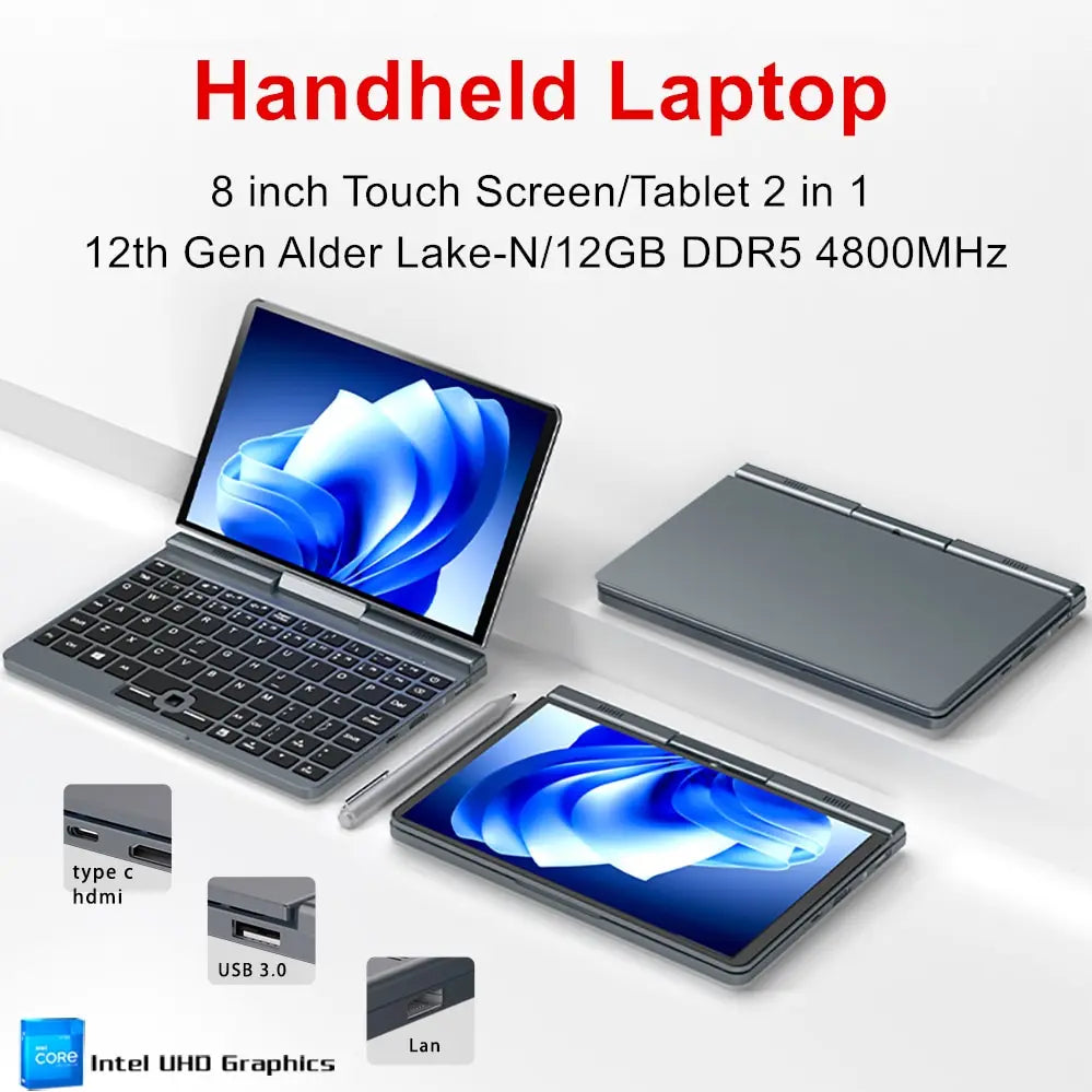 Pocket Laptop 12th Gen Mini Computer Intel Alder Lake N100 4 Core 8" Touch Screen 12G DDR5 Windows 11 Notebook Tablet PC 2 in 1