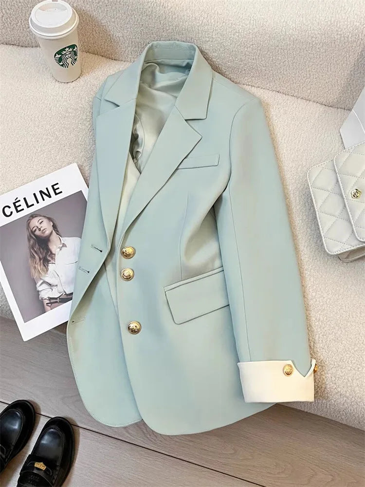 Women Long Sleeve Office Lady Blazers Autumn Winter Solid Casual Single Breasted Chic Notched Blazer Ladies Jackets Clothes