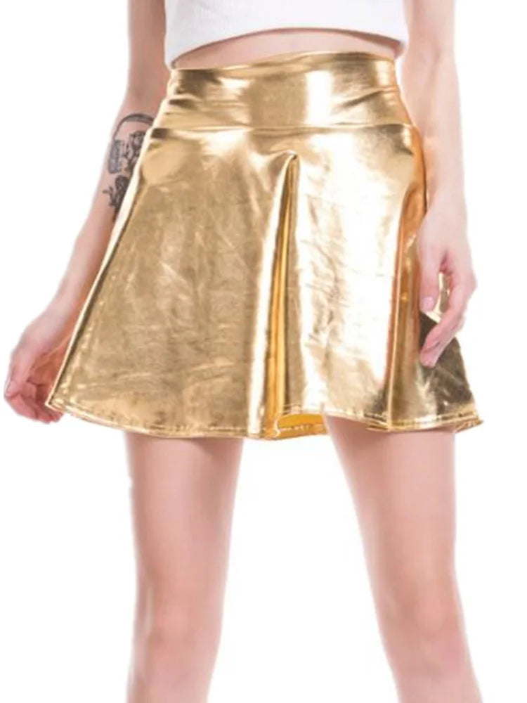 CUHAKCI Short Sexy High Waist Pleated Skirts Women Solid Casual Silver Gold Mini Laser Women Party Club