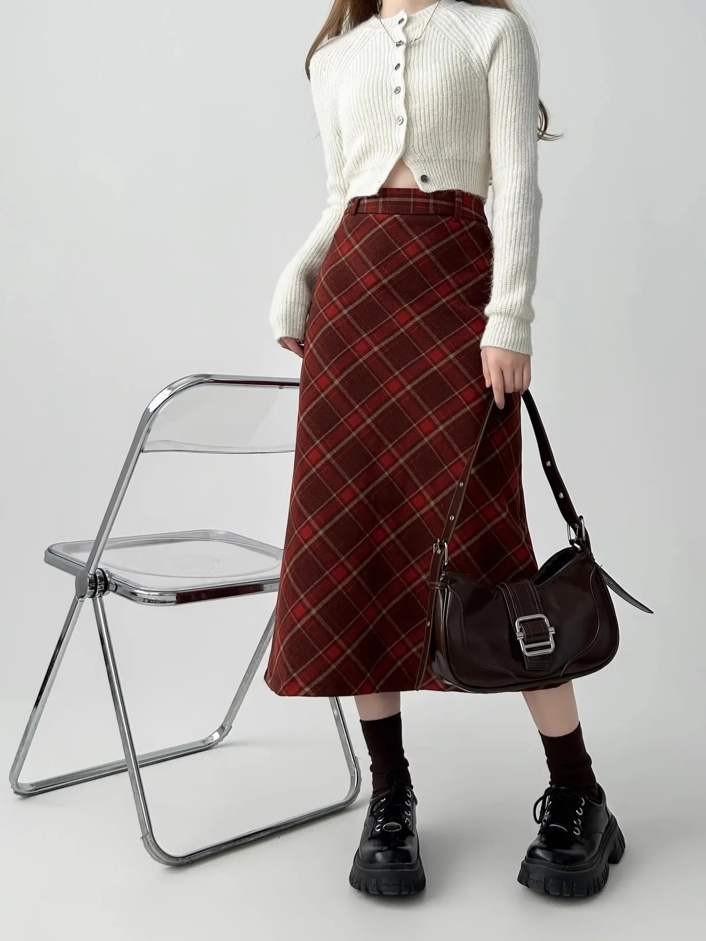 Vintage Plaid Skirt Women's Red Woolen Long Dress Petite Autumn/Winter 2024 Style Medium-Length A- Line Skirt