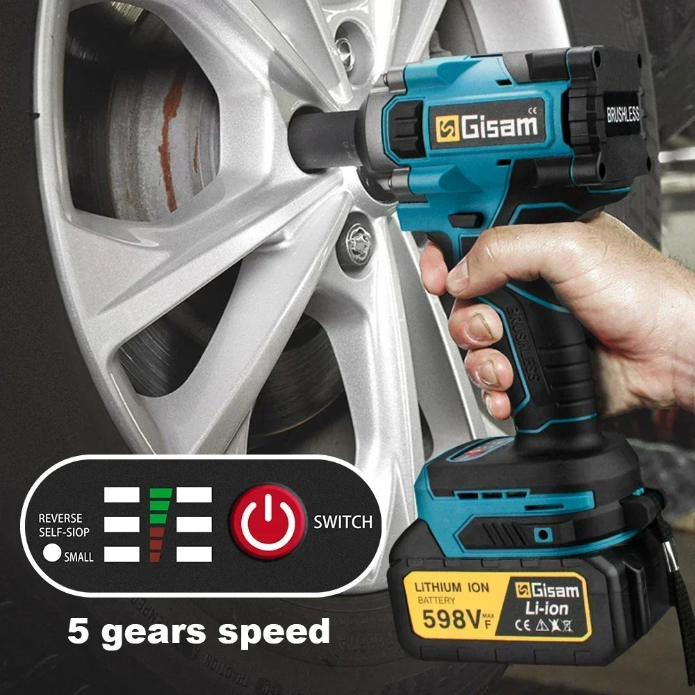 Gisam 1000N.M Torque Brushless Electric Impact Wrench 1/2 Inch Lithium-Ion Battery Cordless Power Tool For Makita 18V Battery