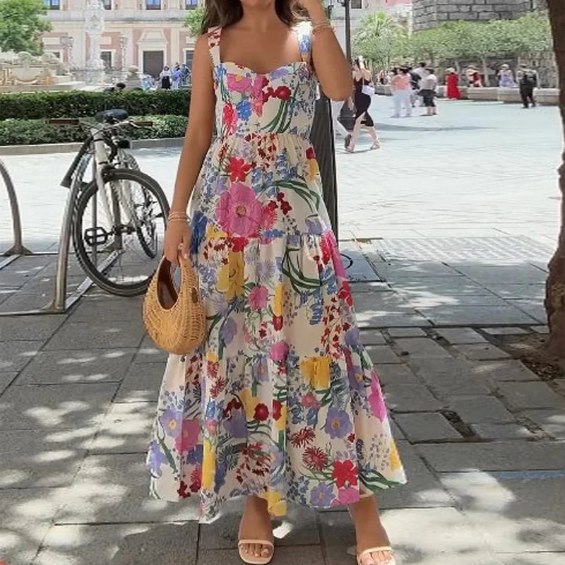 Ellafads Long Dress Women Summer Sweet Elegant Suspender Sleeveless Multicolor Printed Nipped Waist Evening Party Long Dresses