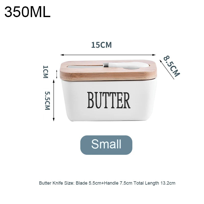 Ceramic Butter Container Box Restaurant Sealed Storage Box Cheese Box with Knife Bamboo Lid Butter Slicer Butter Dish Tableware