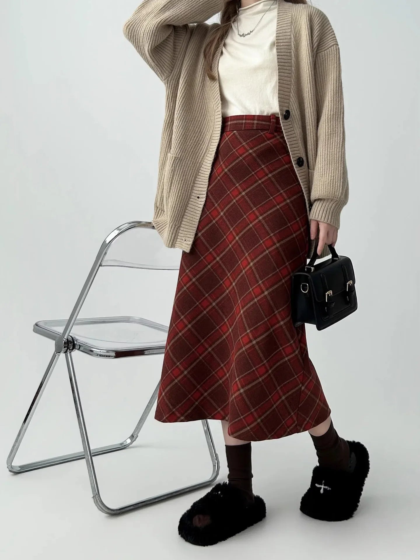 Vintage Plaid Skirt Women's Red Woolen Long Dress Petite Autumn/Winter 2024 Style Medium-Length A- Line Skirt