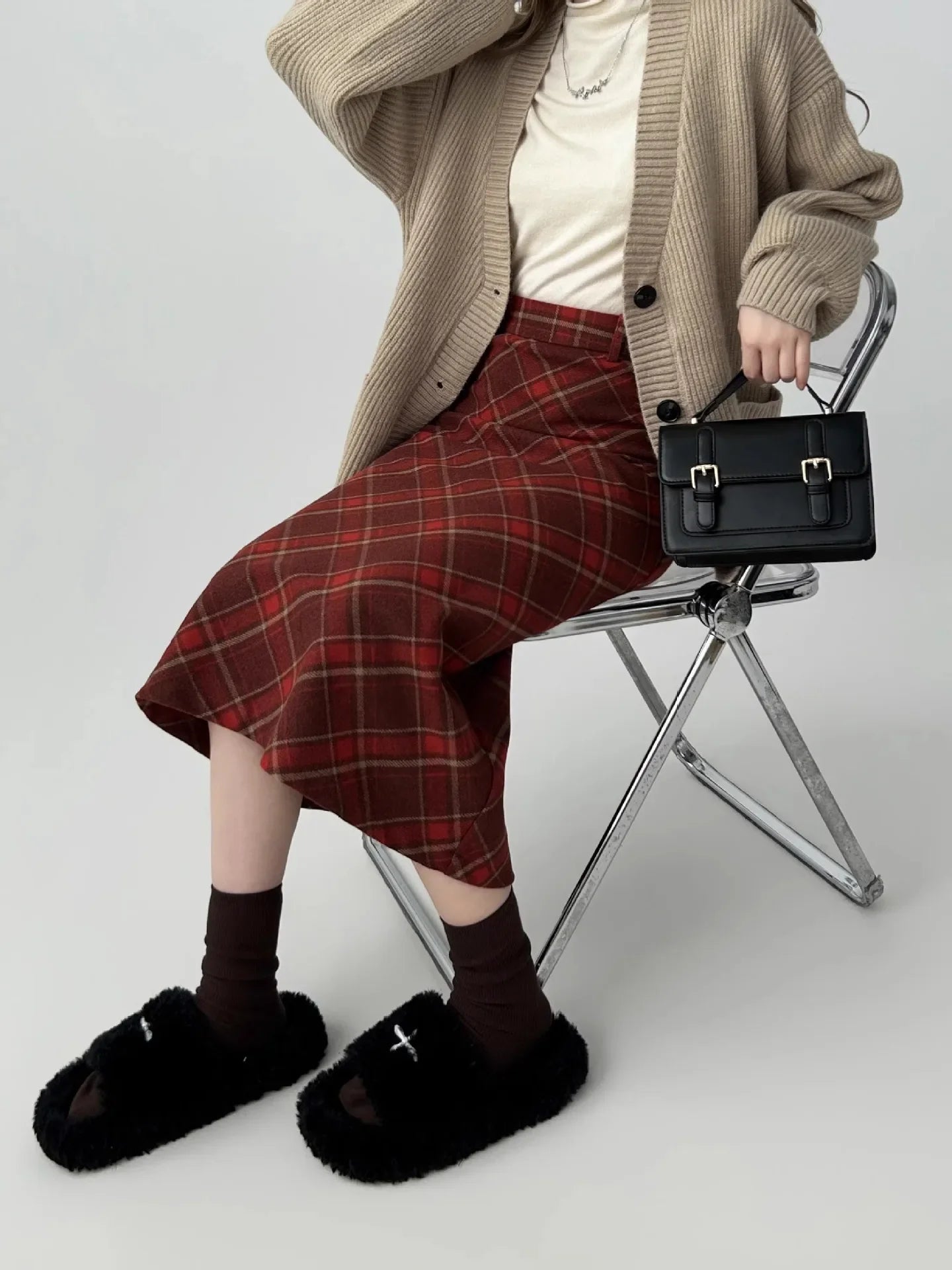 Vintage Plaid Skirt Women's Red Woolen Long Dress Petite Autumn/Winter 2024 Style Medium-Length A- Line Skirt