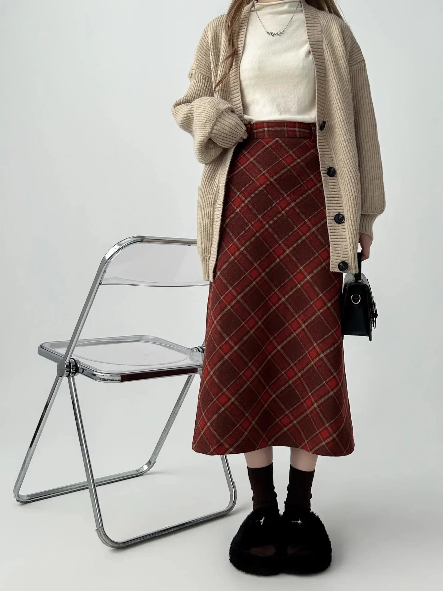 Vintage Plaid Skirt Women's Red Woolen Long Dress Petite Autumn/Winter 2024 Style Medium-Length A- Line Skirt