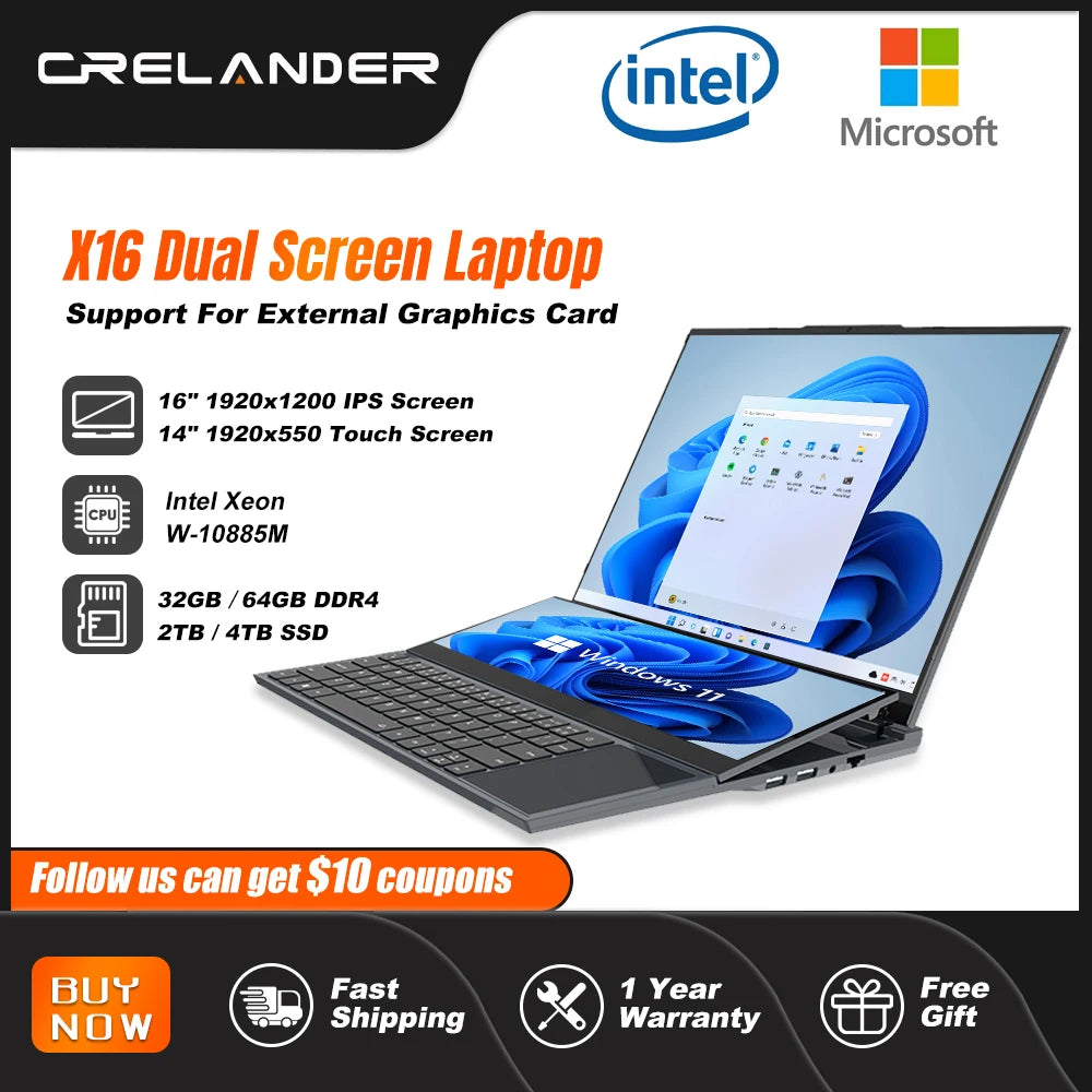 CRELANDER Dual Screen Laptop 16.1 Inch + 14.1 Inch Touchscreen Intel 10885M Processor Gaming Laptop Business Notebook Computer