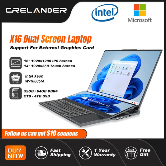 CRELANDER Dual Screen Laptop 16.1 Inch + 14.1 Inch Touchscreen Intel 10885M Processor Gaming Laptop Business Notebook Computer