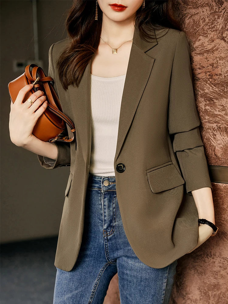 Khaki Black Green Women Solid Formal Blazer Coat Female Long Sleeve Single Button Straight Jacket For Office Ladies Work Wear