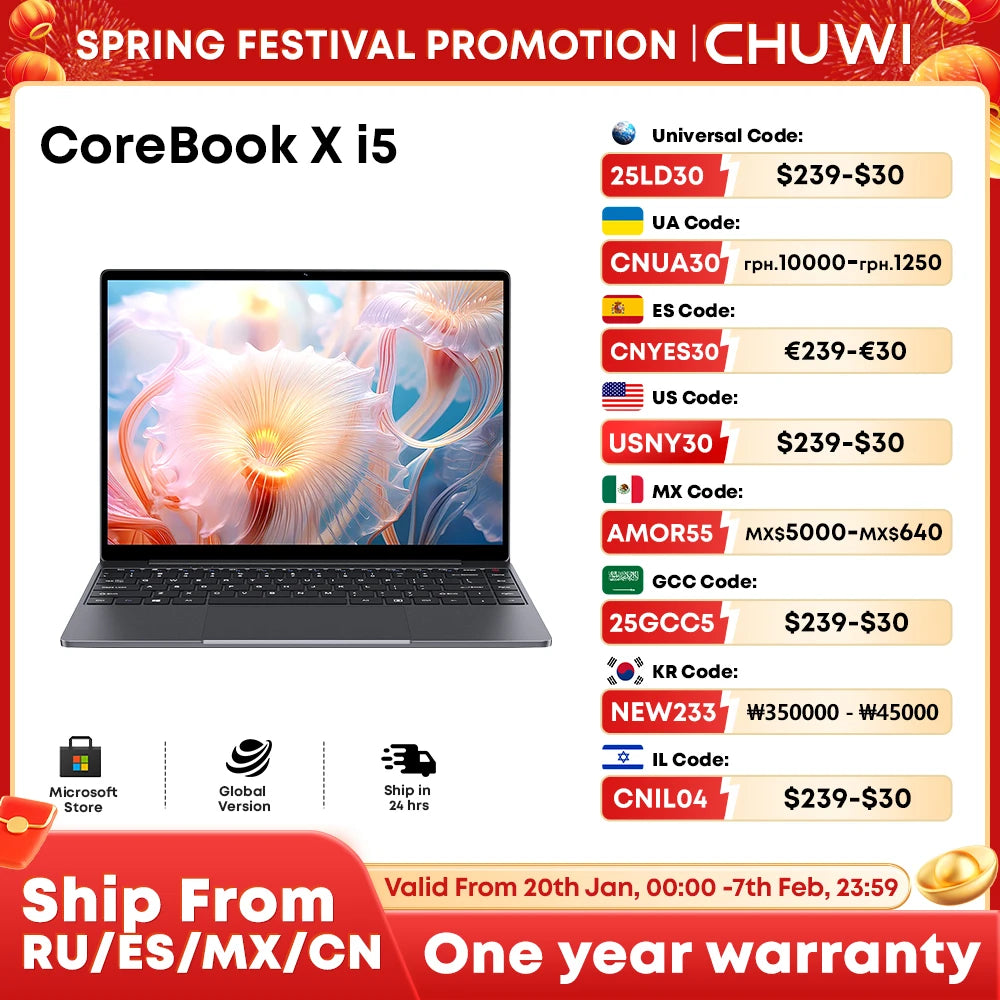 CHUWI CoreBook X Laptop Intel i5-12450H 16GB DDR4 512GB SSD 14 inch FHD 2160 * 1440 Windows 11 Gaming NoteBook 1TB SSD Expand