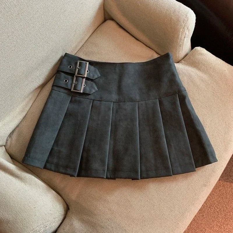 XS-3XL Y2K Pu Leather Mini Skirts Women Streetwear High Waist Pleated Skirt Vintage Korean Black Slim Casual A Line Skirts