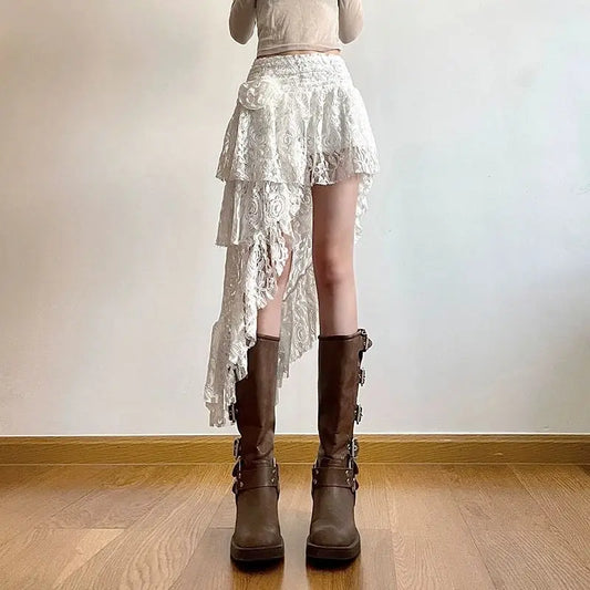 Lace Irregular Streetwear Bohemian Mini Skirts Y2k Aesthetic 3D Flower High Waist Skirt Ruffled Women Fairy Sexy Harajuku