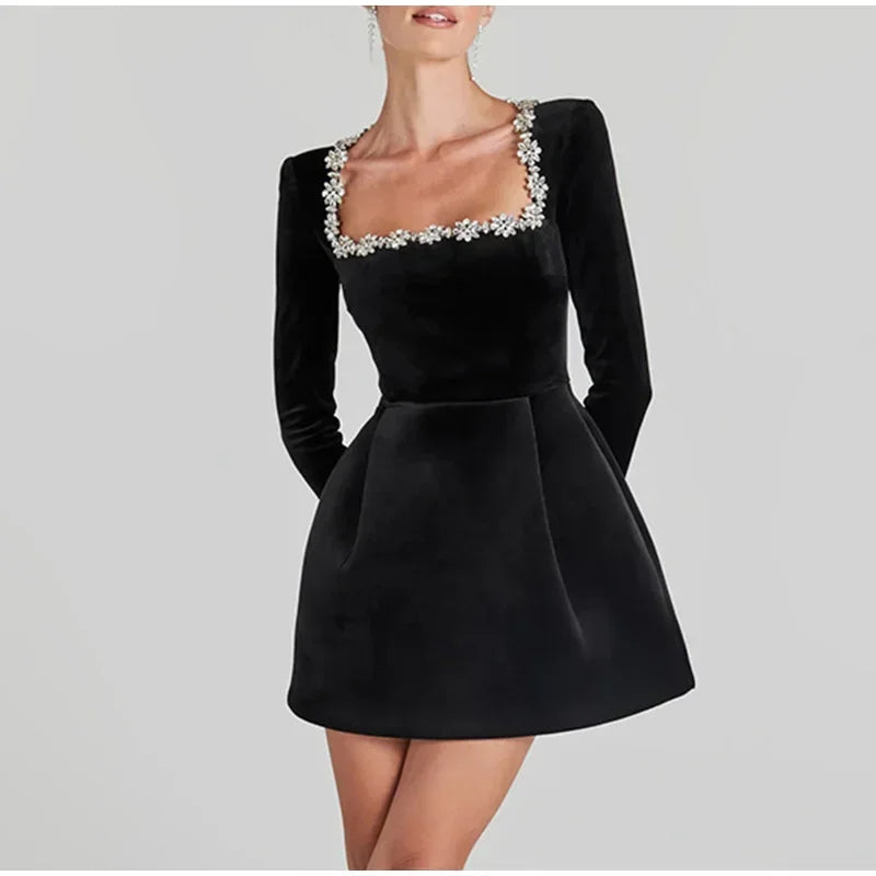 Elegant Rhinestone Velvet Dress Women Long Sleeve Square Neck High Waist Mini Dresses Female 2024 Lady Evening Party Gown