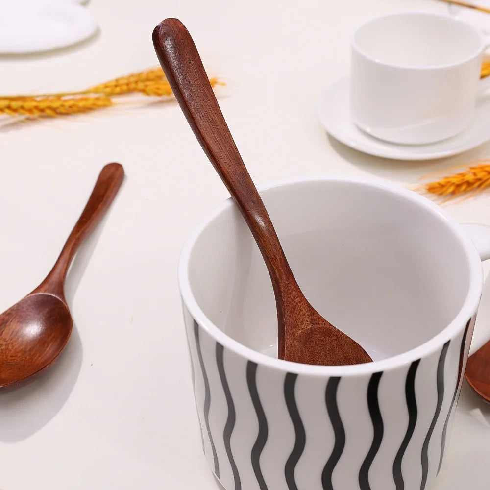 1-12PCS Wooden Tea Spoons Long-handle Soup Scoop Ellipse Ladle Sets Kitchen Spice Honey Coffee Stir Spoons Home Tableware Supply