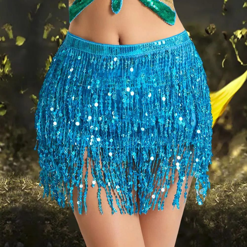 Exotic Style Belly Dance Skirt Sequin Tassel Waist Hip Scarf Tie Up Adjustable Skirt Mesh Mini Skirt Wrap Stage Performance