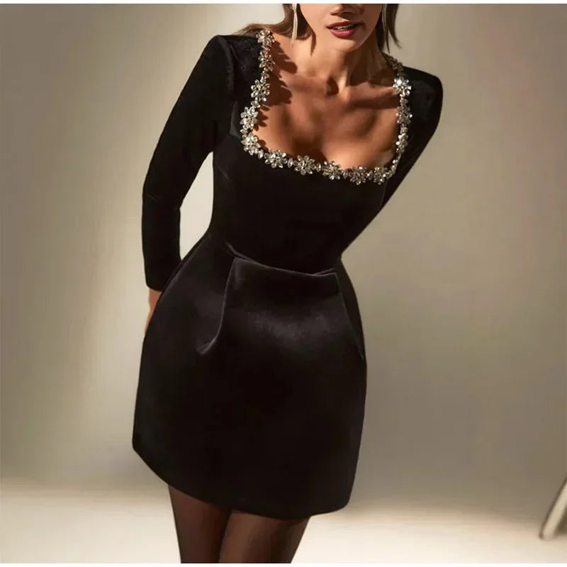 Elegant Rhinestone Velvet Dress Women Long Sleeve Square Neck High Waist Mini Dresses Female 2024 Lady Evening Party Gown