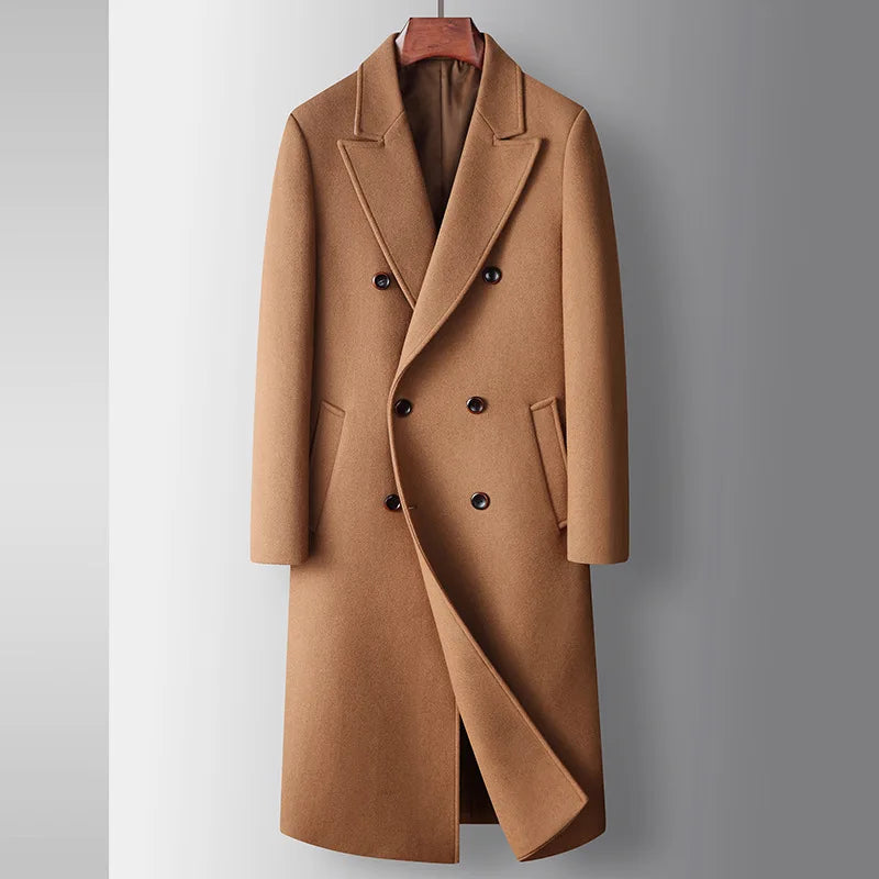 Autumn Winter Men's Wool Blends Coats Fashion Double Breasted Smart Casual Long Woolen Trench Men Trun Down Collar Outerwear