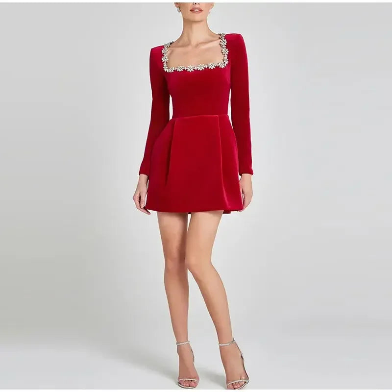 Elegant Rhinestone Velvet Dress Women Long Sleeve Square Neck High Waist Mini Dresses Female 2024 Lady Evening Party Gown