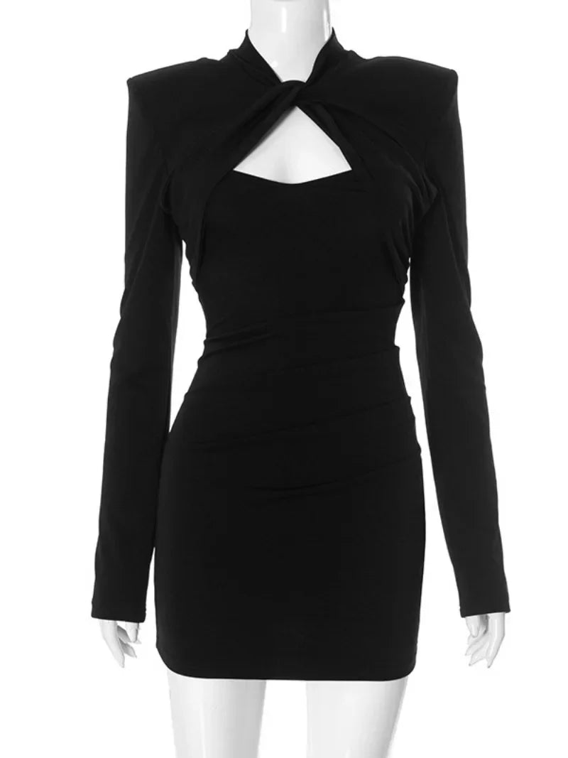 Fashion Tie Knot Shoulder Pads Short Dress Women's Hollow Out Long Sleeve High Waist Tunics Solid Black Party Dresses Streetwear