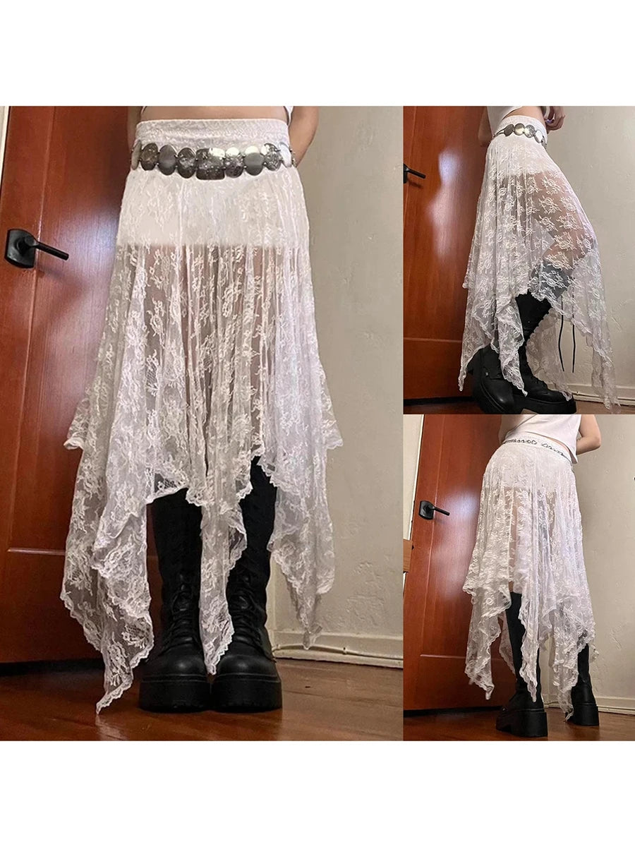 Women Solid Color Elastic Lace Skirt Casual Summer Sheer Irregular A-Line Skirt for Vacation Club Streetwear Aesthetic Clothes