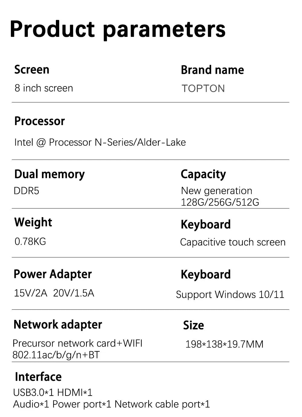 Pocket Laptop 12th Gen Mini Computer Intel Alder Lake N100 4 Core 8" Touch Screen 12G DDR5 Windows 11 Notebook Tablet PC 2 in 1