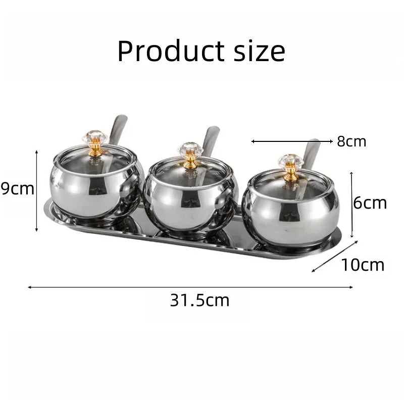 Gold and Silver Household Kitchen Condiment Pots for Serving Sugar Pepper Salt Spice Stainless Steel Sugar Bowl with Lid & Spoon