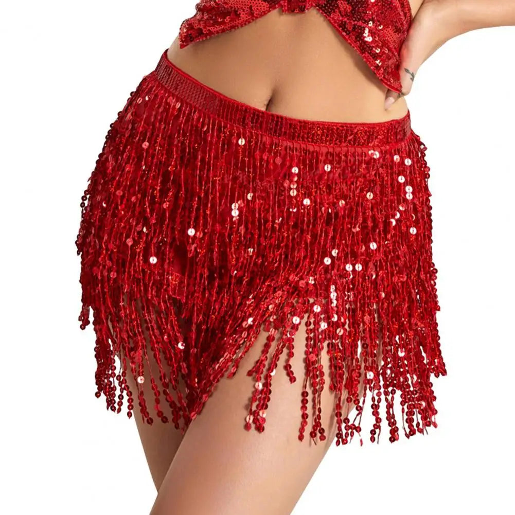 Exotic Style Belly Dance Skirt Sequin Tassel Waist Hip Scarf Tie Up Adjustable Skirt Mesh Mini Skirt Wrap Stage Performance