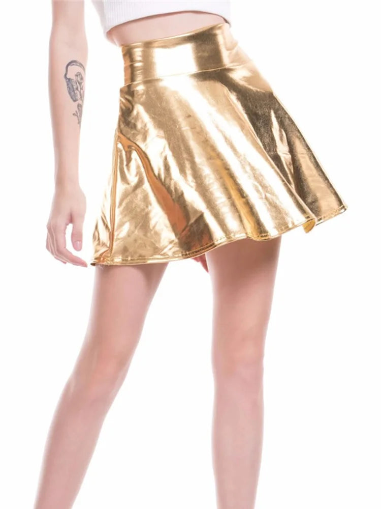 CUHAKCI Short Sexy High Waist Pleated Skirts Women Solid Casual Silver Gold Mini Laser Women Party Club