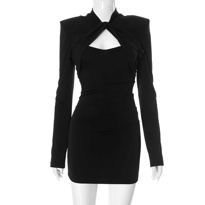 Fashion Tie Knot Shoulder Pads Short Dress Women's Hollow Out Long Sleeve High Waist Tunics Solid Black Party Dresses Streetwear