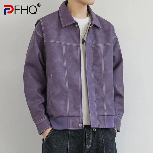 PFHQ American Style Lapel PU Leather Jacket Men's Solid Color Long Sleeve Trun-down Collar Streetwear Male Tops 21Z6039