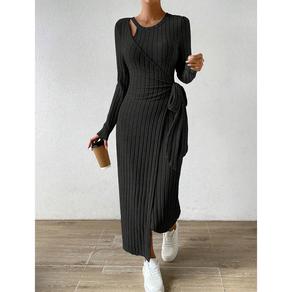 Mia Muse Women's Dresses Autumn Fitting Slim Plain Asymmetric Knot Long Sleeve Round Neck Maxi Full Length Bodycon Dresses