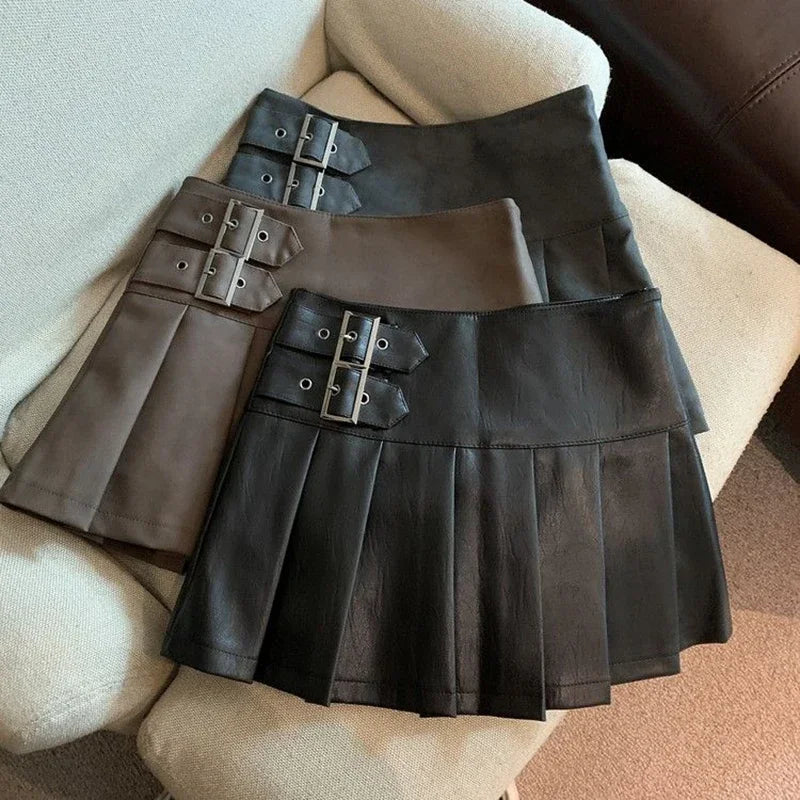 XS-3XL Y2K Pu Leather Mini Skirts Women Streetwear High Waist Pleated Skirt Vintage Korean Black Slim Casual A Line Skirts