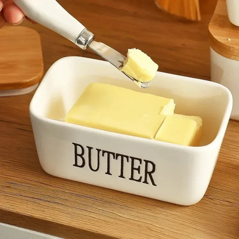 Ceramic Butter Container Box Restaurant Sealed Storage Box Cheese Box with Knife Bamboo Lid Butter Slicer Butter Dish Tableware