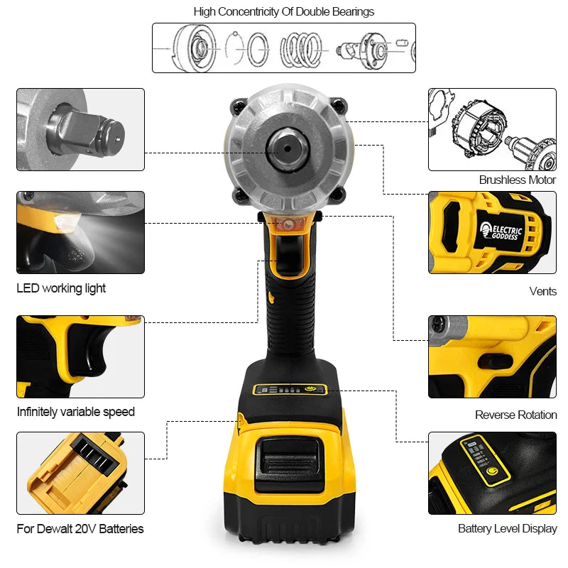 EG 700N.M Torque Wrench Brushless Rechargeable Wrench Heavy Duty Key impact Battery Repair Power Tool For Dewalt 20V Battery