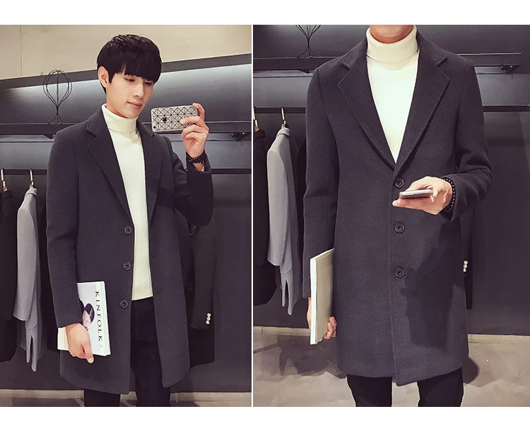 Autumn and Winter Slim Fit Long Wool Coat for Men's Single Breasted Lapel, Street Fashion Business Trench Coat for Men Clothing