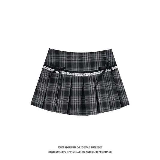 College Style Gray Bow Lace Mini Plaid Skirt for Women Summer New Chic Spicy Girl High Waist Slim A-line Short Skirts for Women