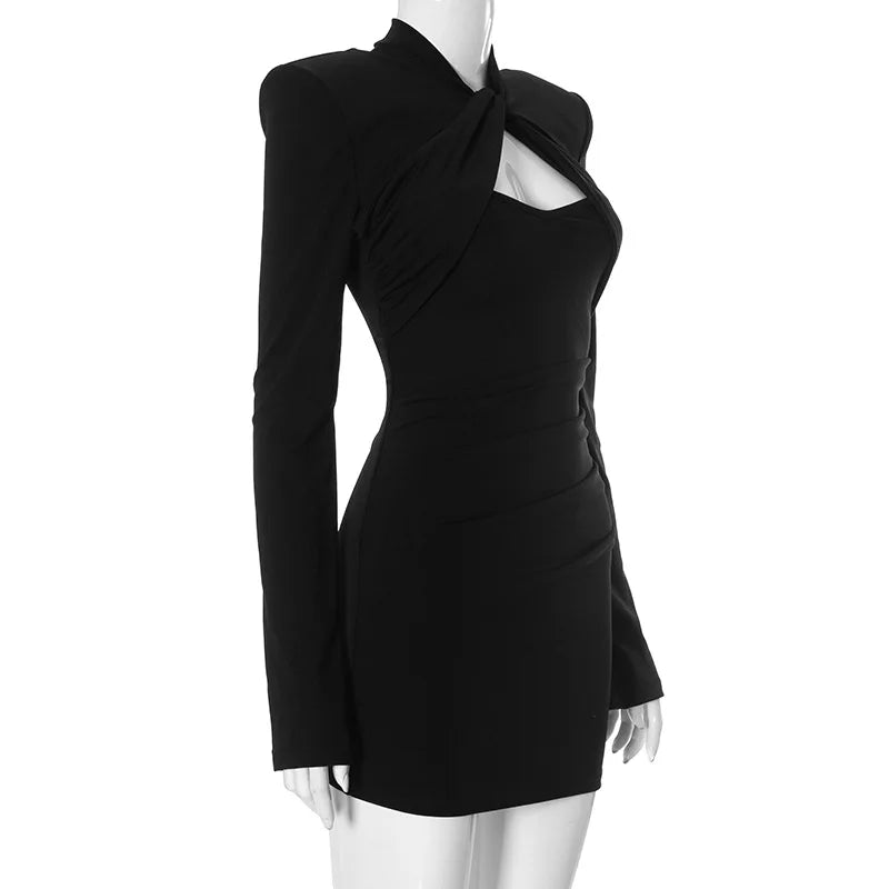 Fashion Tie Knot Shoulder Pads Short Dress Women's Hollow Out Long Sleeve High Waist Tunics Solid Black Party Dresses Streetwear