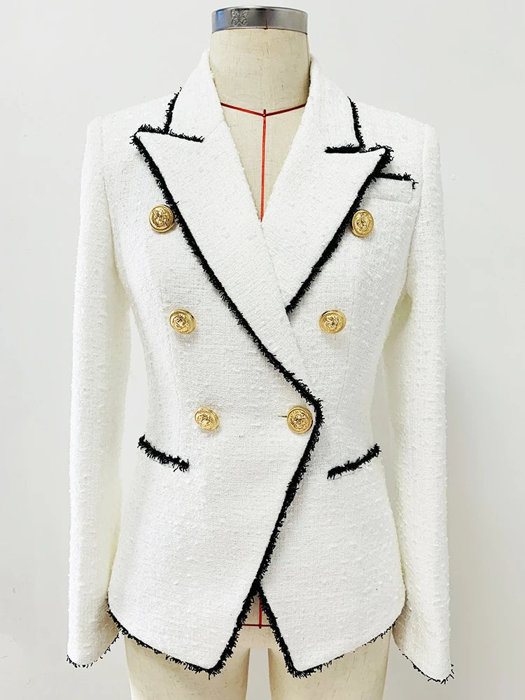 HIGH STREET Newest Fashion 2024 Designer Jacket Women's Slim Fitting Lion Buttons Contrast Color Fringed Tweed Blazer