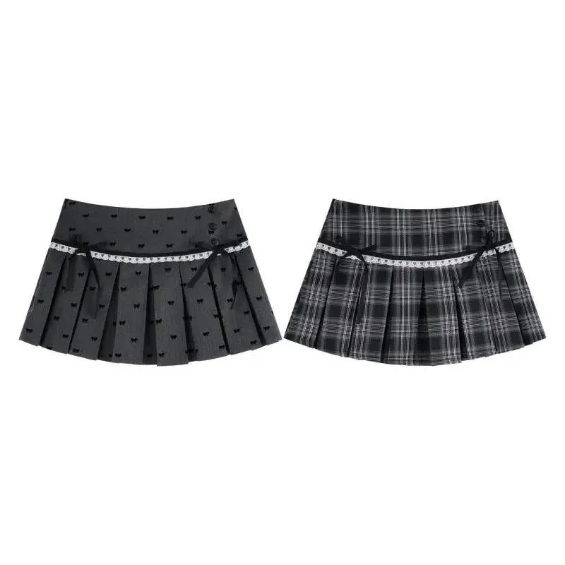 College Style Gray Bow Lace Mini Plaid Skirt for Women Summer New Chic Spicy Girl High Waist Slim A-line Short Skirts for Women