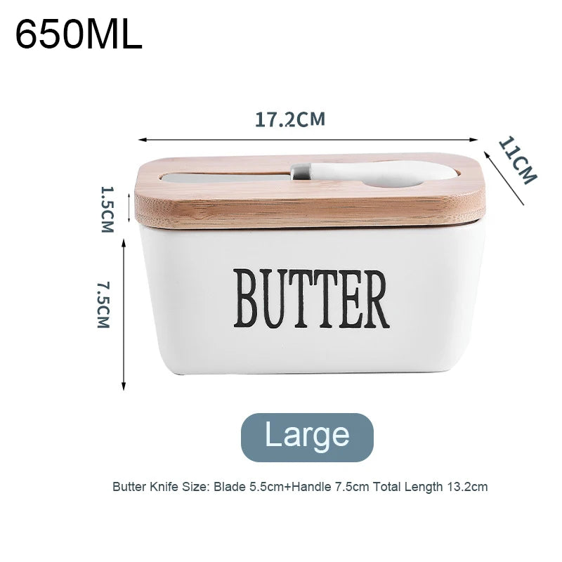 Ceramic Butter Container Box Restaurant Sealed Storage Box Cheese Box with Knife Bamboo Lid Butter Slicer Butter Dish Tableware