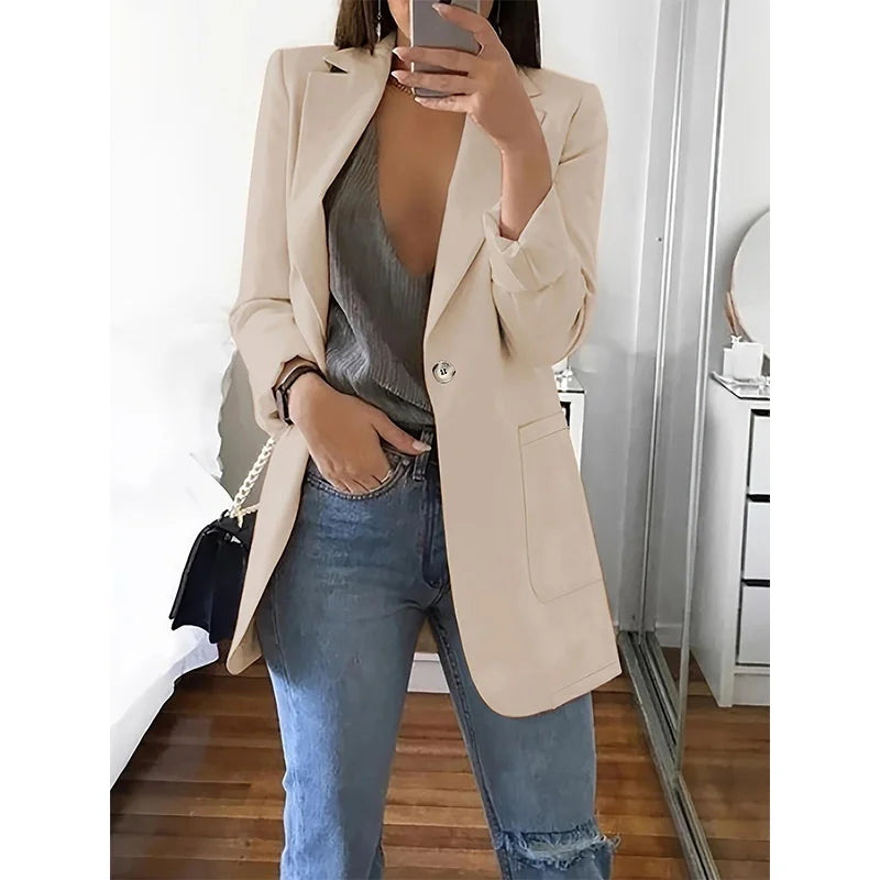 Autumn and winter new solid color suit collar slim fit cardigan temperament single button suit jacket women's clothing