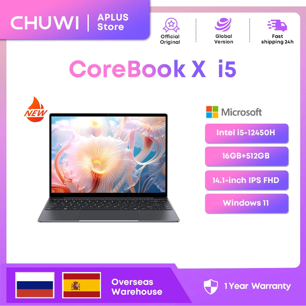 CHUWI CoreBook X Laptop Intel i5-12450H 16GB DDR4 512GB SSD 14 inch FHD 2160 * 1440 Windows 11 Gaming NoteBook 1TB SSD Expand