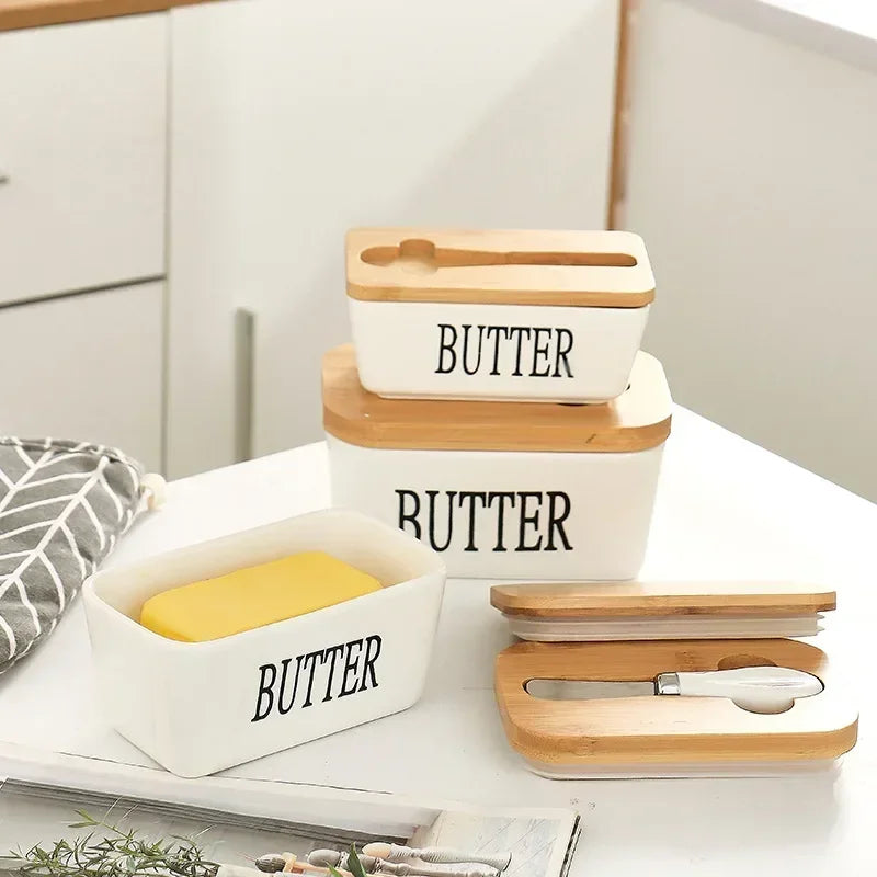 Ceramic Butter Container Box Restaurant Sealed Storage Box Cheese Box with Knife Bamboo Lid Butter Slicer Butter Dish Tableware