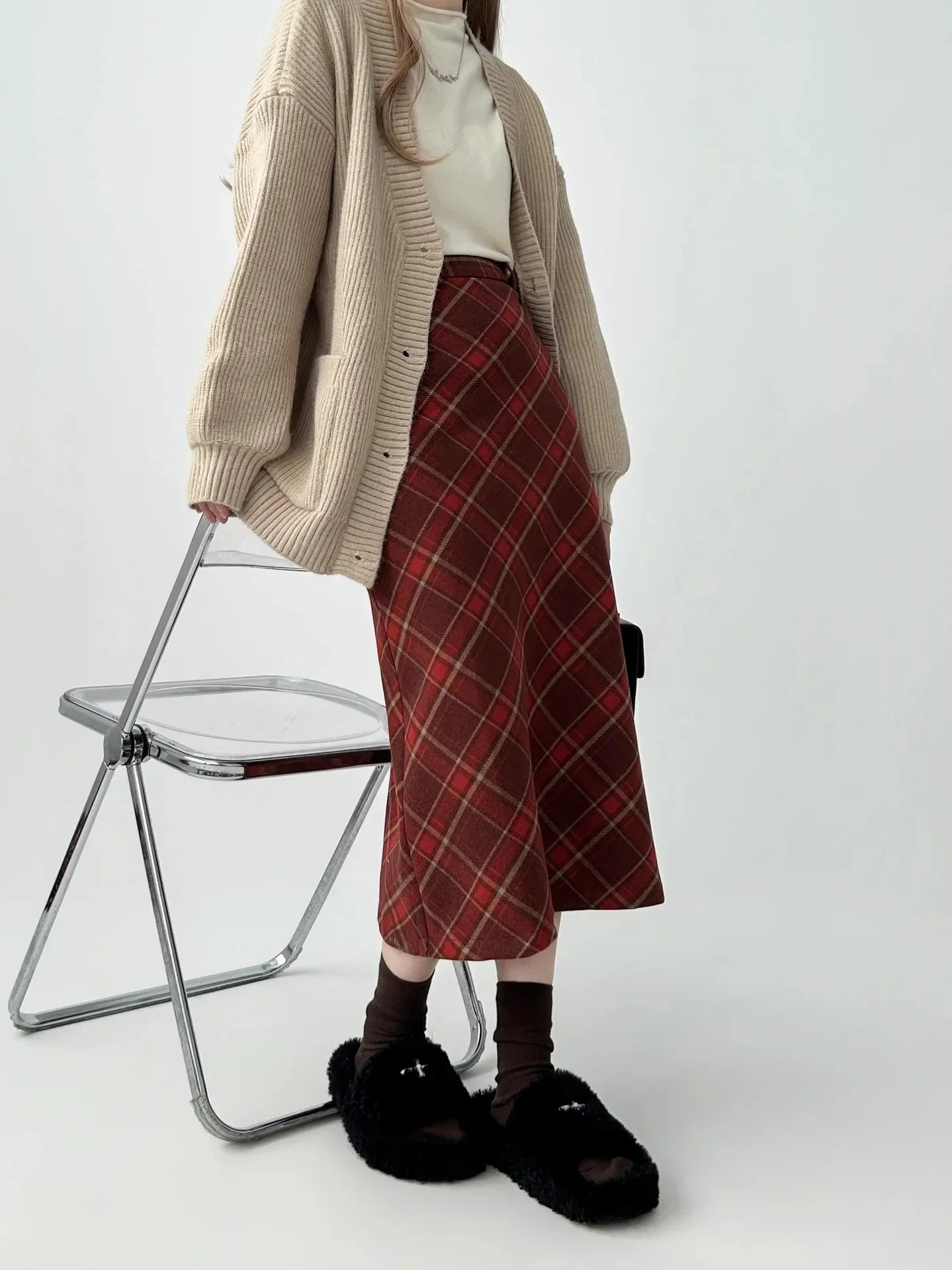 Vintage Plaid Skirt Women's Red Woolen Long Dress Petite Autumn/Winter 2024 Style Medium-Length A- Line Skirt