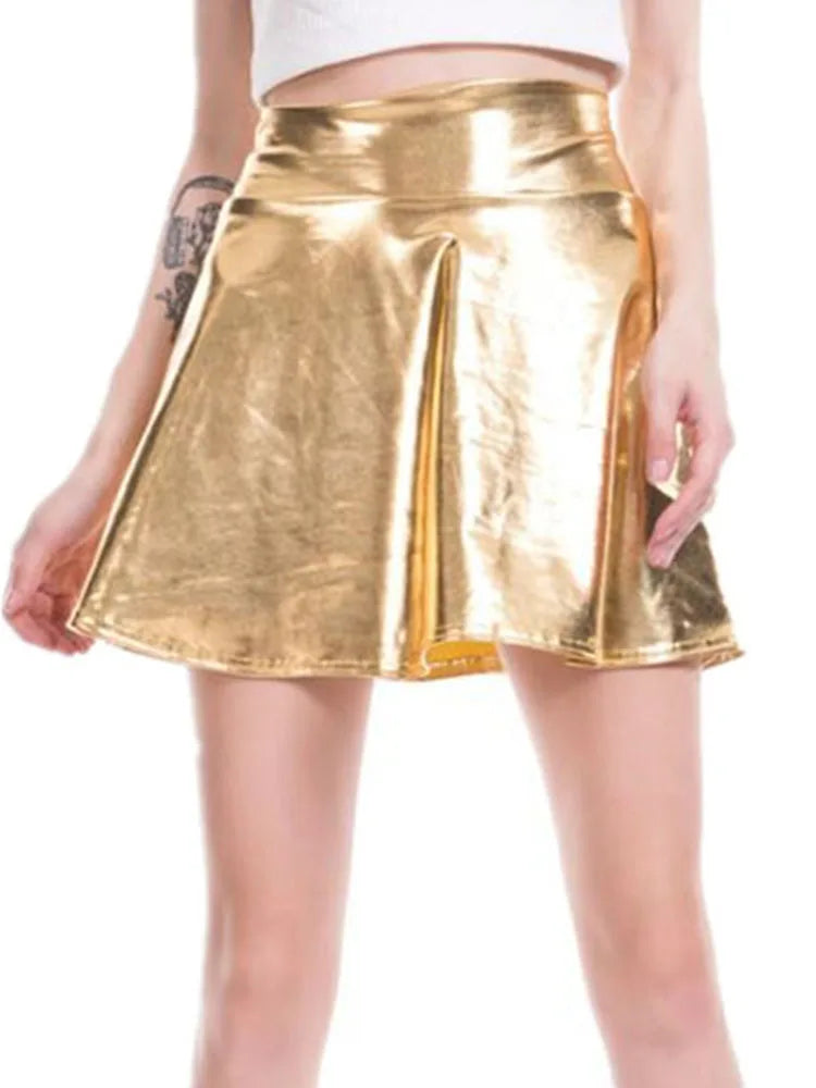 CUHAKCI Short Sexy High Waist Pleated Skirts Women Solid Casual Silver Gold Mini Laser Women Party Club